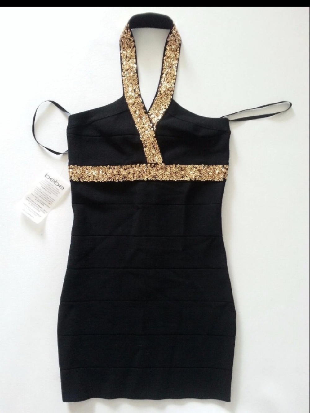 New bebe black gold sequin zip halter Bodycon bandage top dress